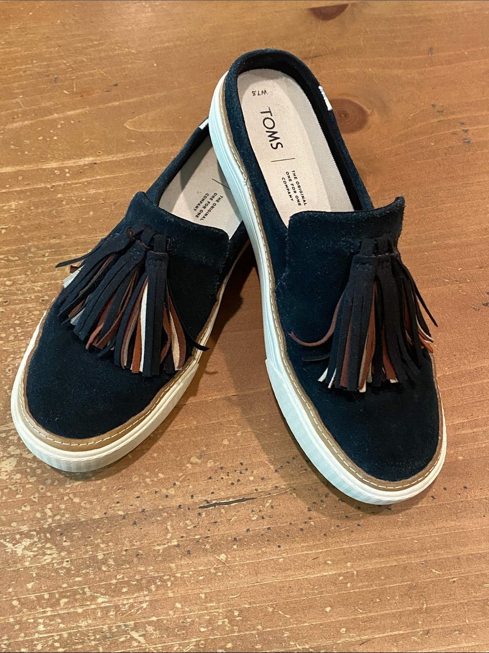 Toms Black Suede Tassel Slip-On Moccasins with Brown Accents 7.5
